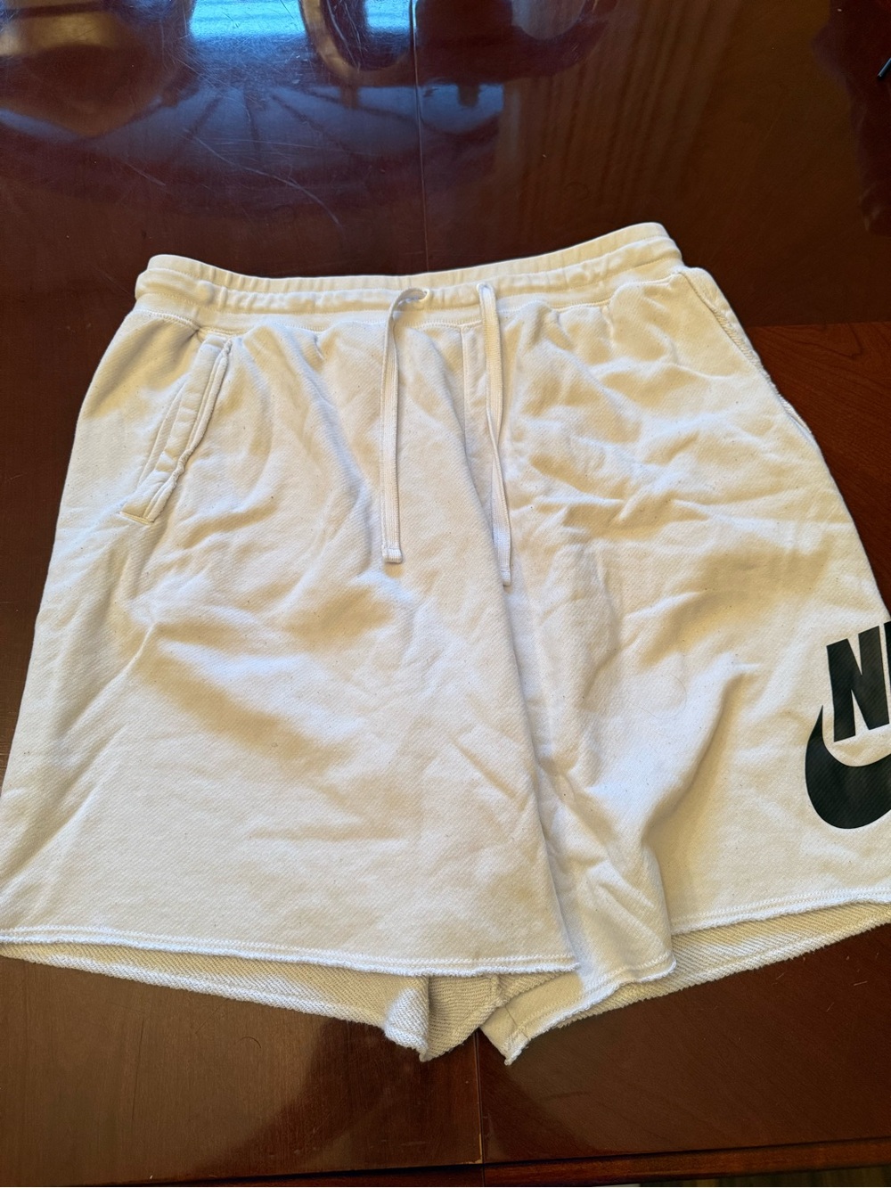 Nike Men’s White Athletic Terry Shorts with Black Swoosh